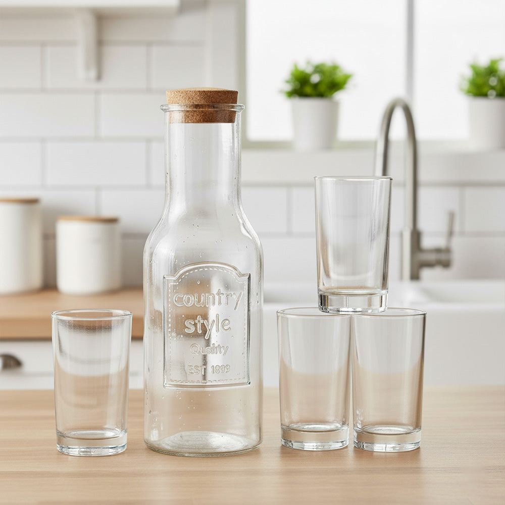 طقم دولكة مع جلاسات عصير زجاجي مع 4 أكواب 5 قطع