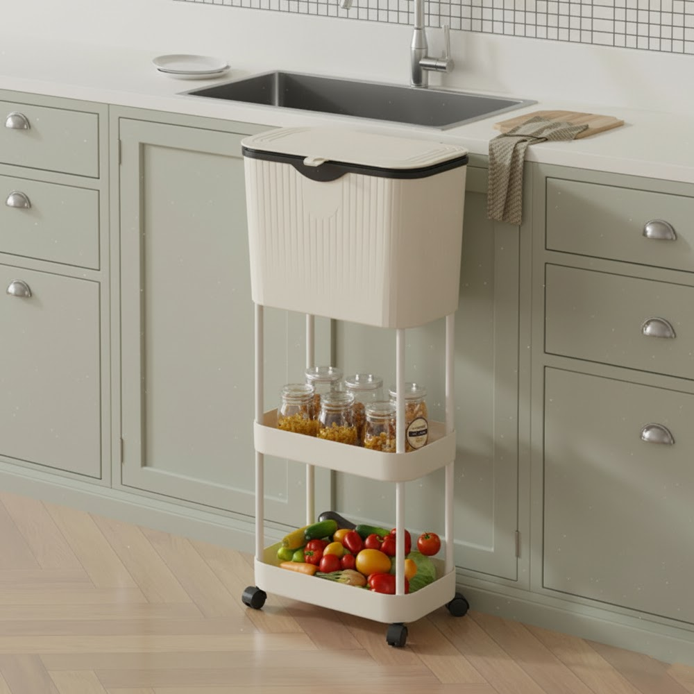 سلة مهملات مع رفين للتخزين