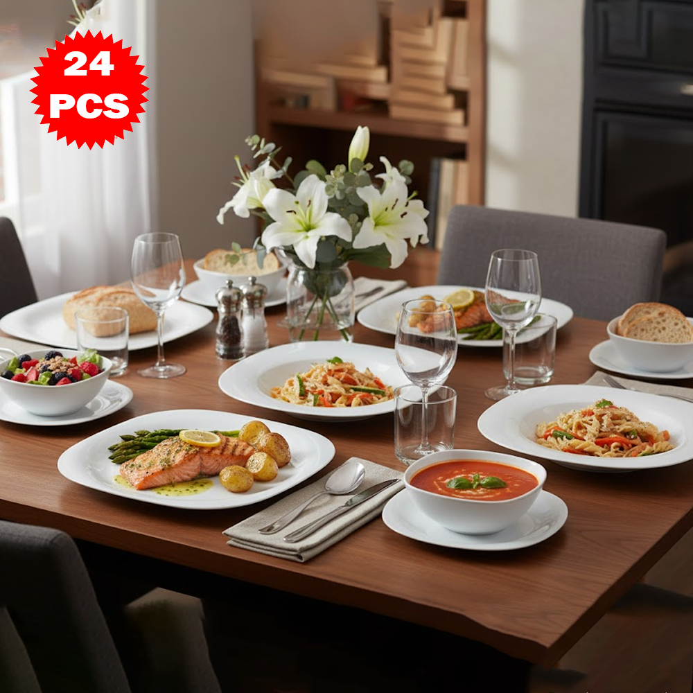 طقم أطباق سفرة فاخر أبيض 24 قطعة