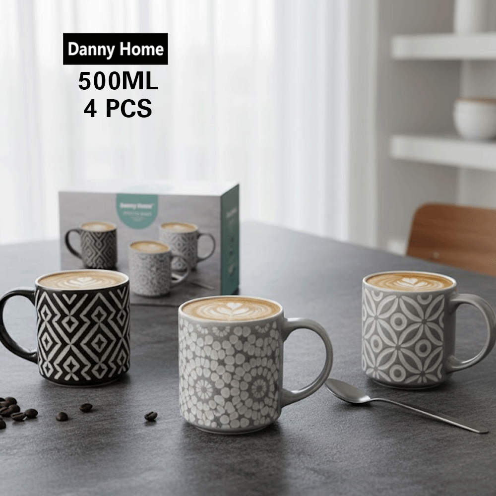 طقم أكواب بورسلين مطبوعة ٤ قطع ٥٠٠ مل