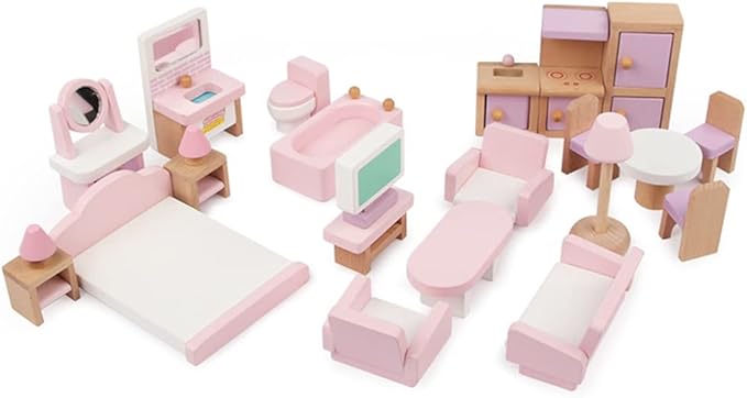 مجموعة أثاث بيت الدمية الخشبية