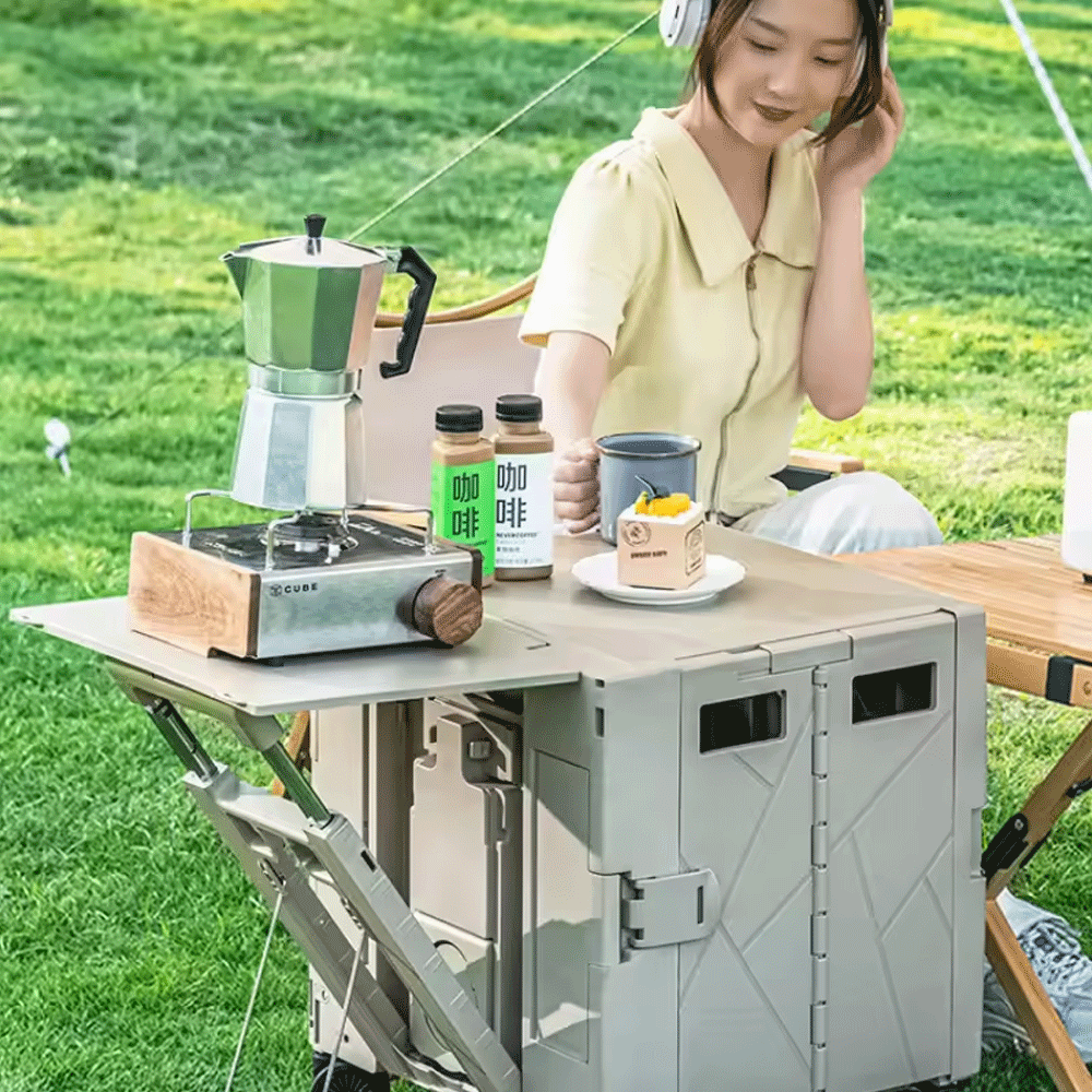 عربة مع طاولة تخييم قابلة للطي