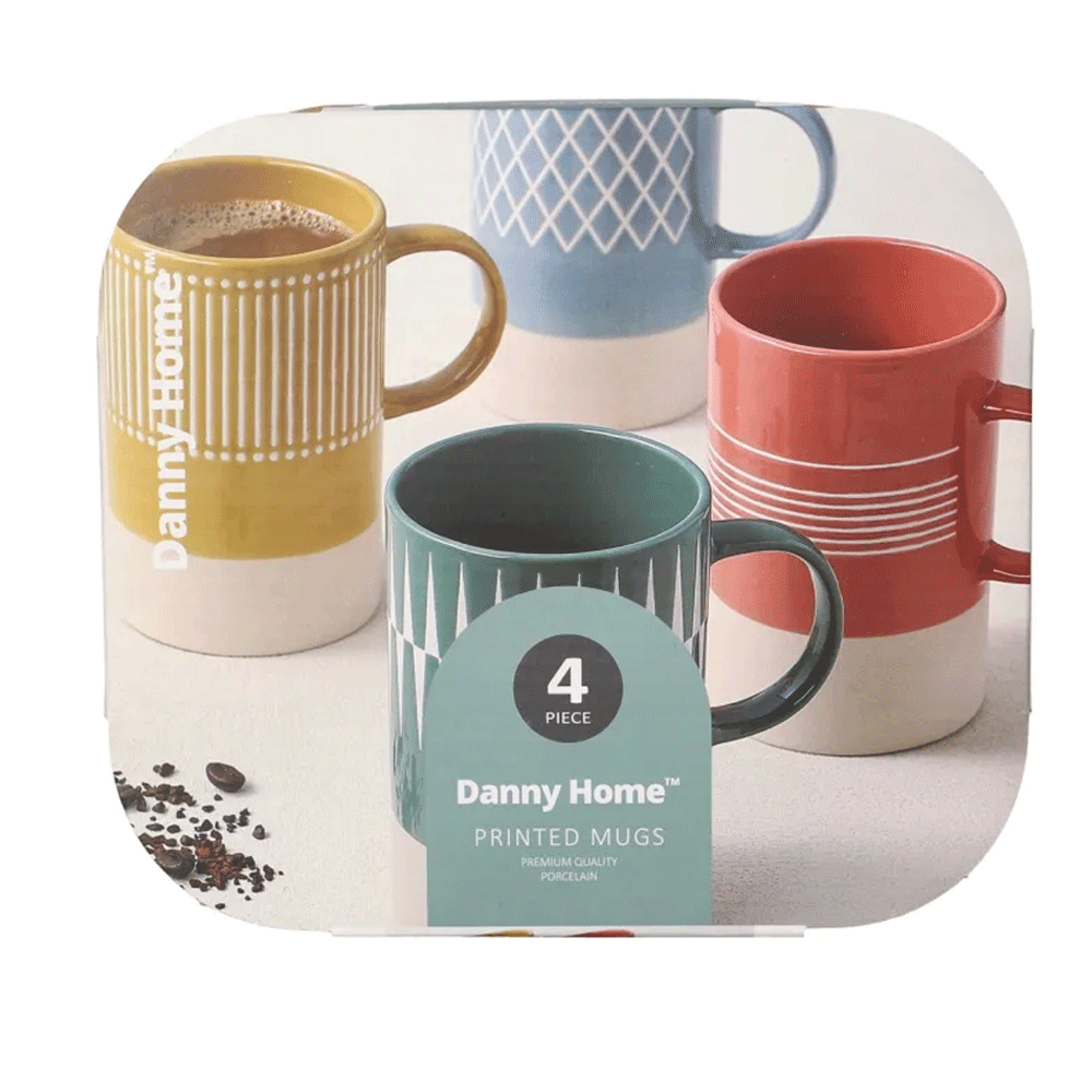 أكواب بورسلين مطبوعة، 4 قطع، سعة 380 مل