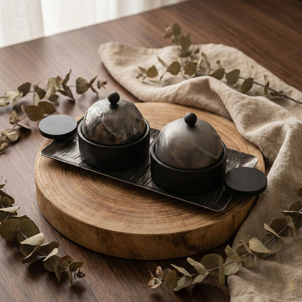 صينية تقديم مستطيلة مع وعائين