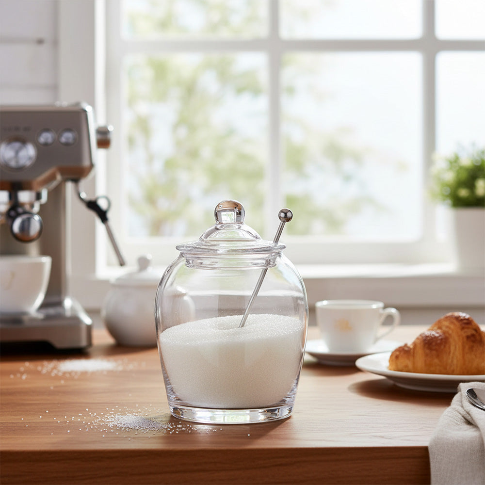 جرة زجاجية مع غطاء وملعقة