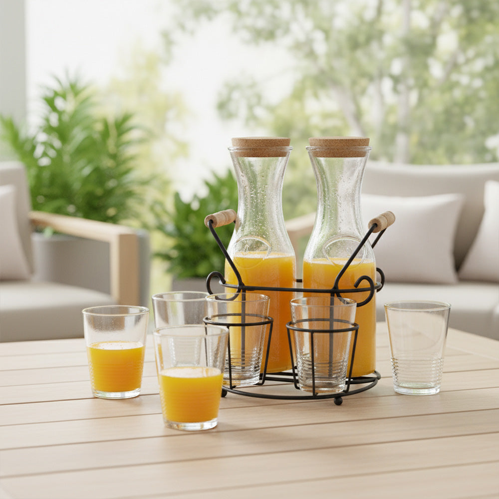 برطمانات عصير زجاجية مع أكواب وأغطية وحامل، 3 قطع