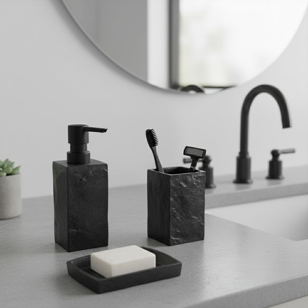 مجموعة إكسسوارات الحمام المزخرفة بالحجر من 3 قطع