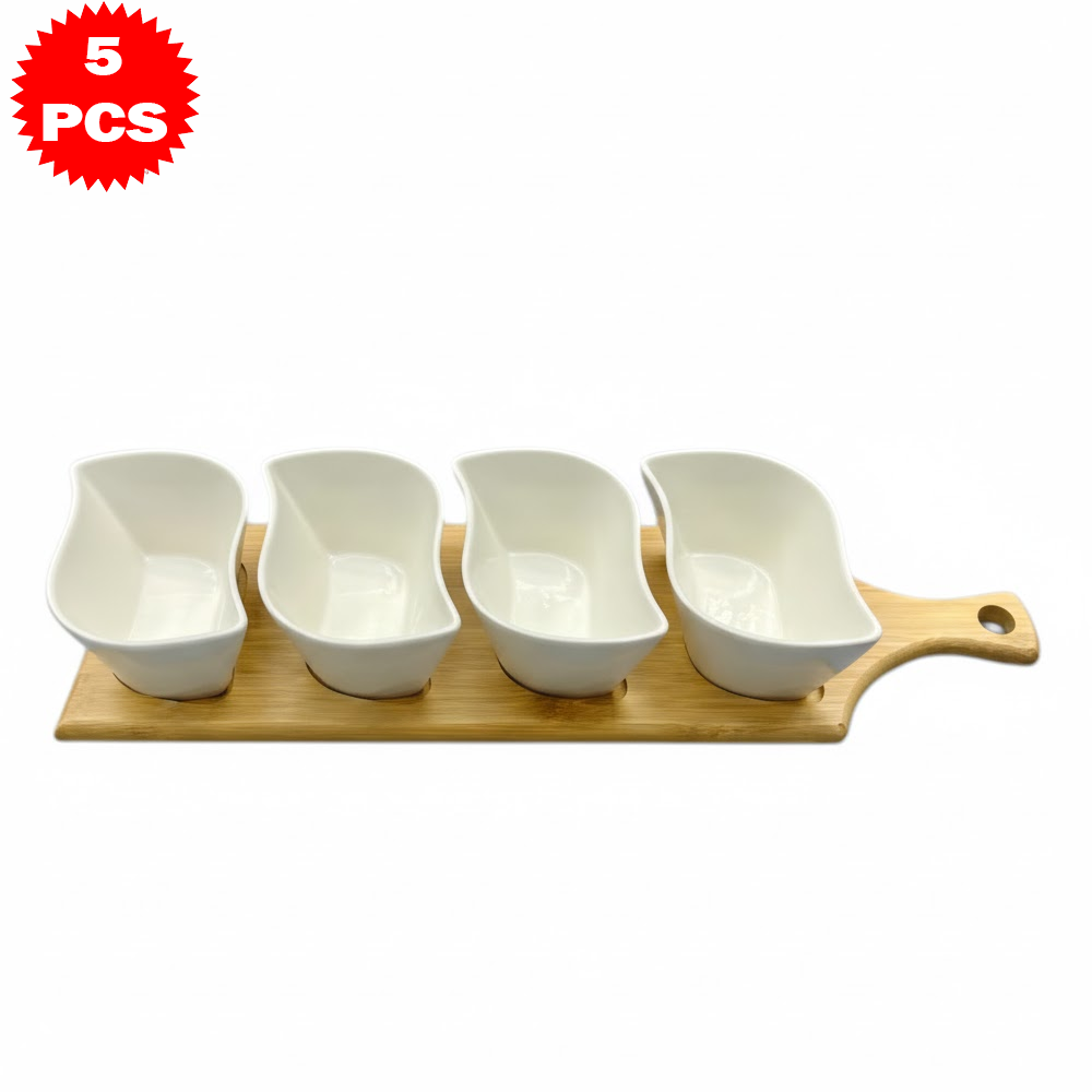 طقم تقديم سيراميك مع قاعدة خشب بامبو – 5 قطع