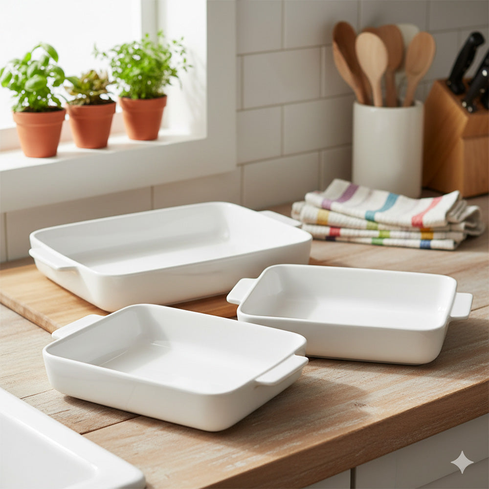 طقم صواني سيراميك مستطيل الشكل مكون من 3 قطع