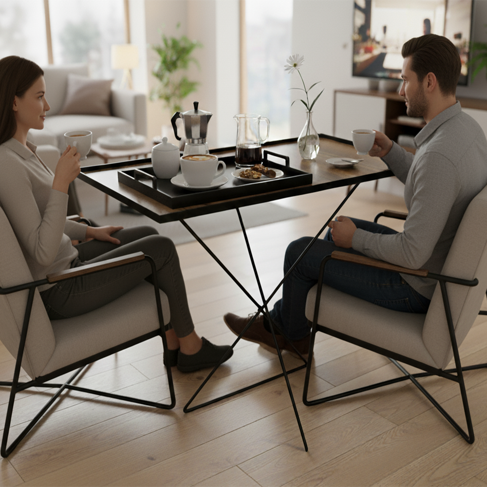 طاولة حديثة بتصميم معدني وسطح خشبي أنيق