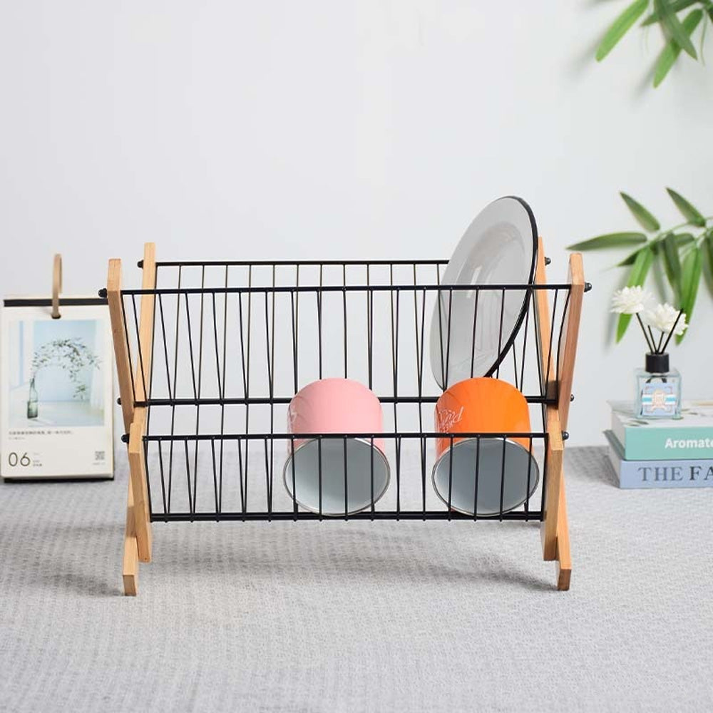 مصفاة أطباق عصرية من الخيزران والفولاذ بطبقتين