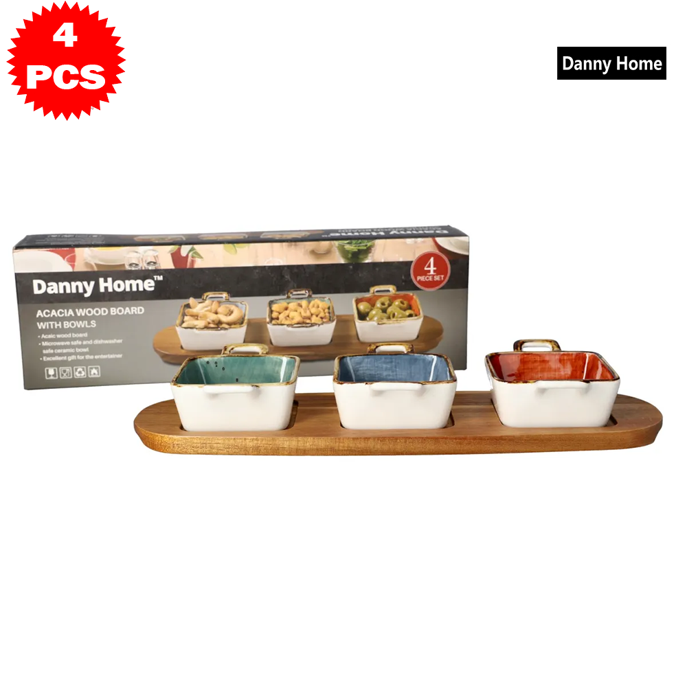 طقم 4 قطع 3 أوعية مع لوح خشب أكاسيا
