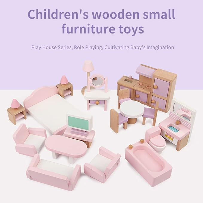 مجموعة أثاث بيت الدمية الخشبية