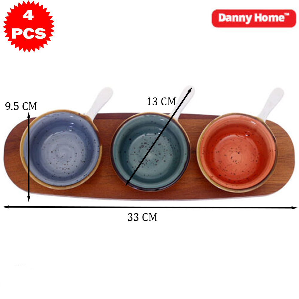 طقم تقديم سيراميك مع قاعدة خشب بامبو – 4 قطع