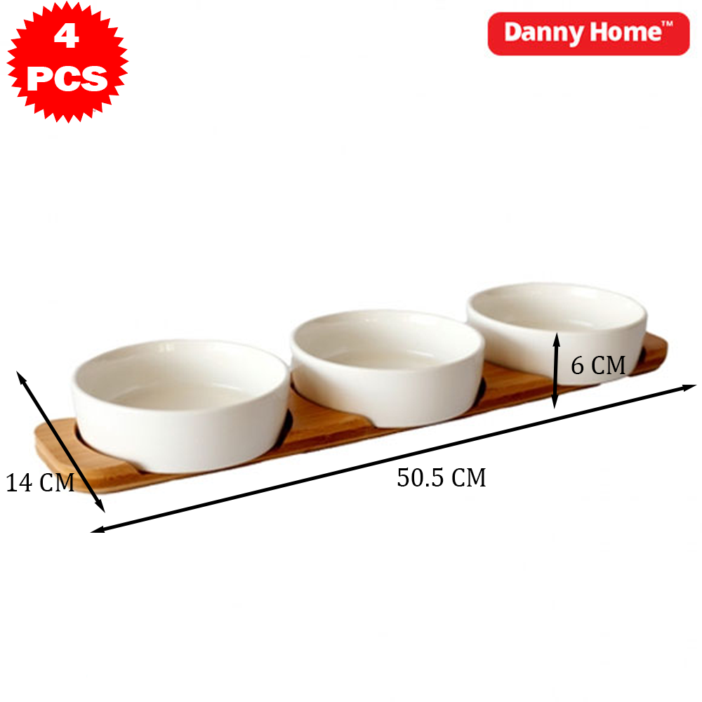 طقم تقديم سيراميك مع قاعدة خشب بامبو – 4 قطع