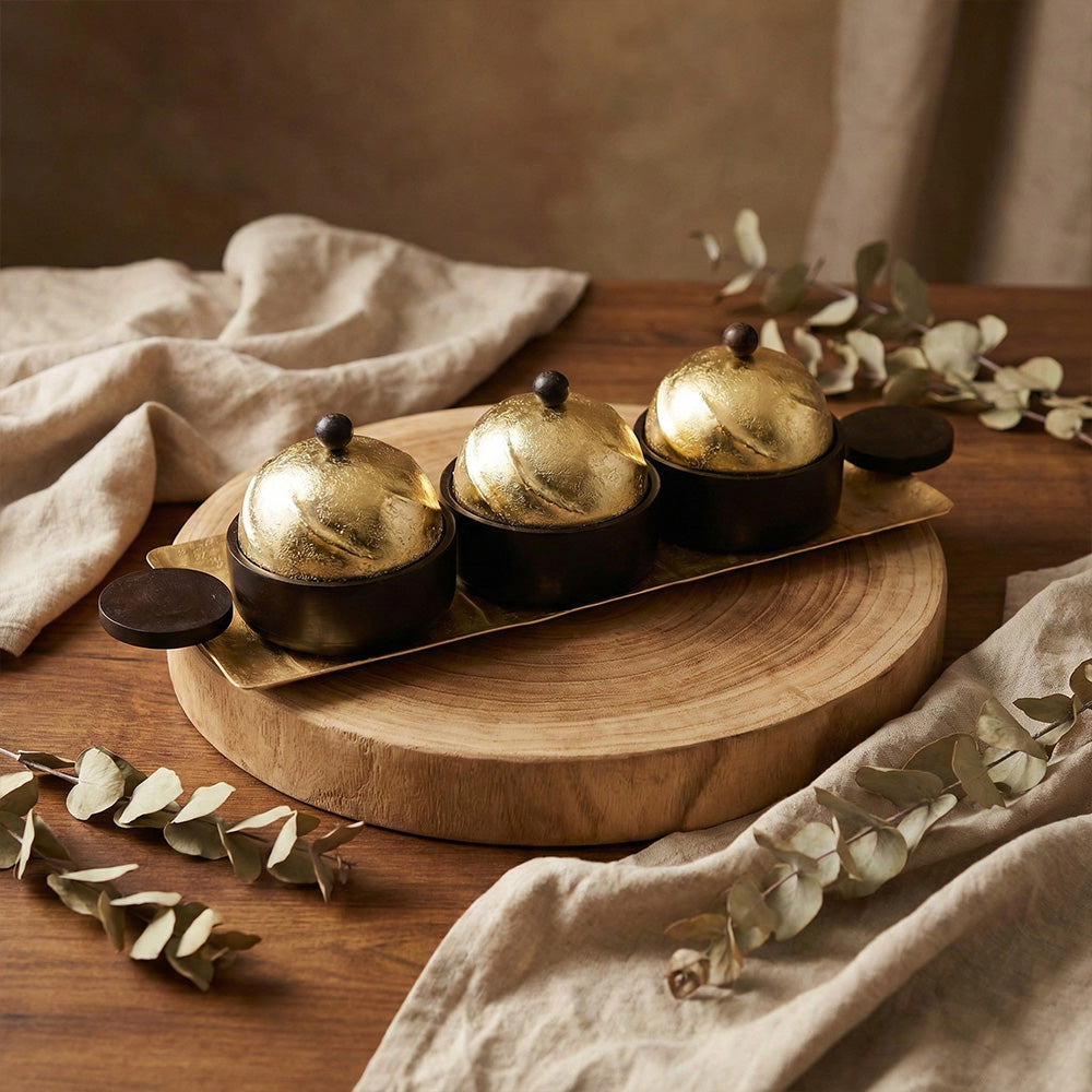 صينية تقديم مستطيلة مع 3 اوعية