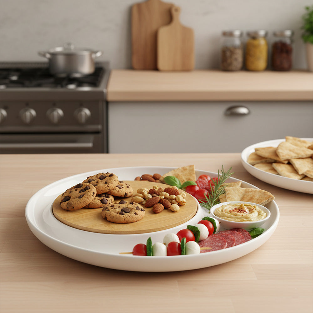 طبق تقديم دائري من الخشب والسيراميك