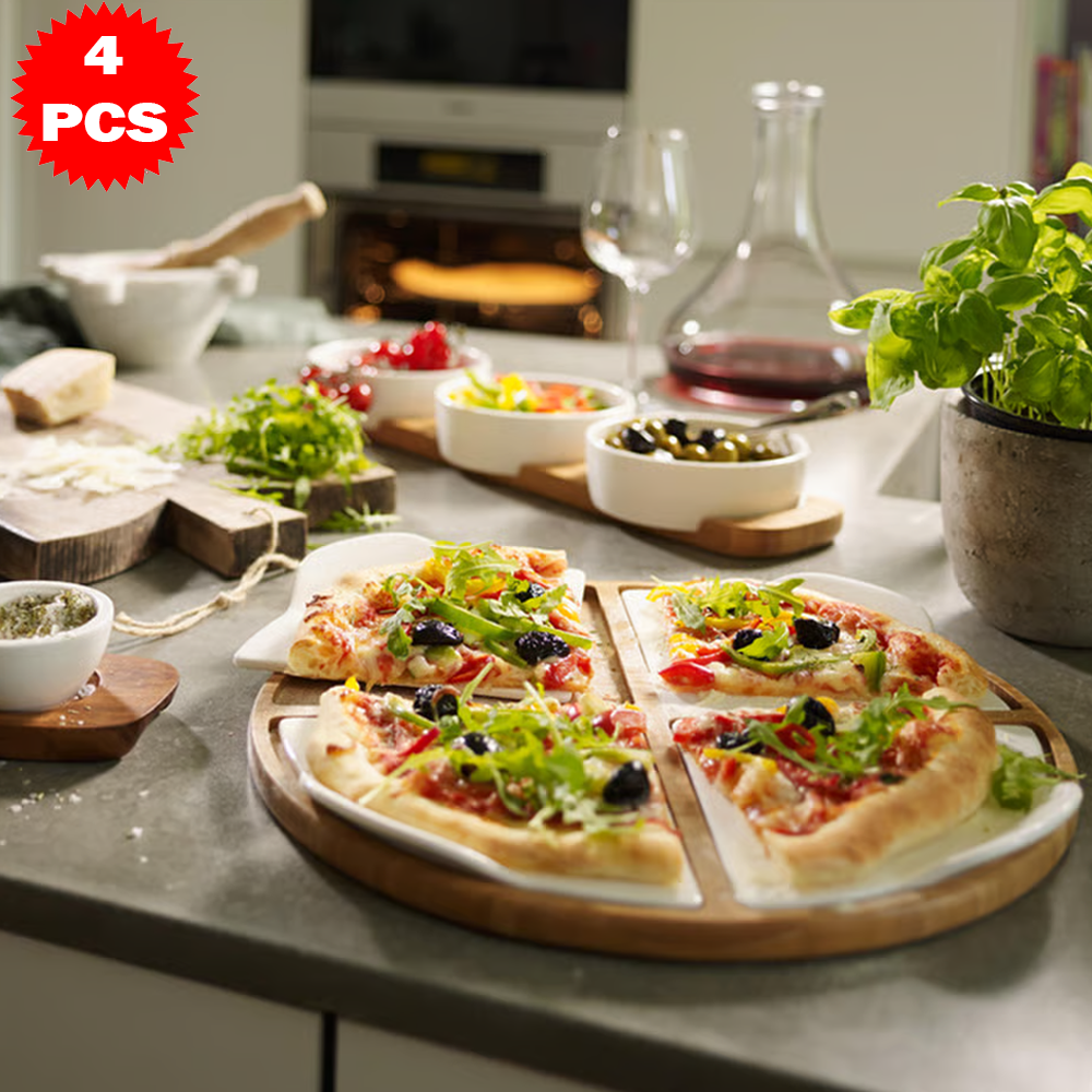 طقم تقديم سيراميك مع قاعدة خشب بامبو – 4 قطع