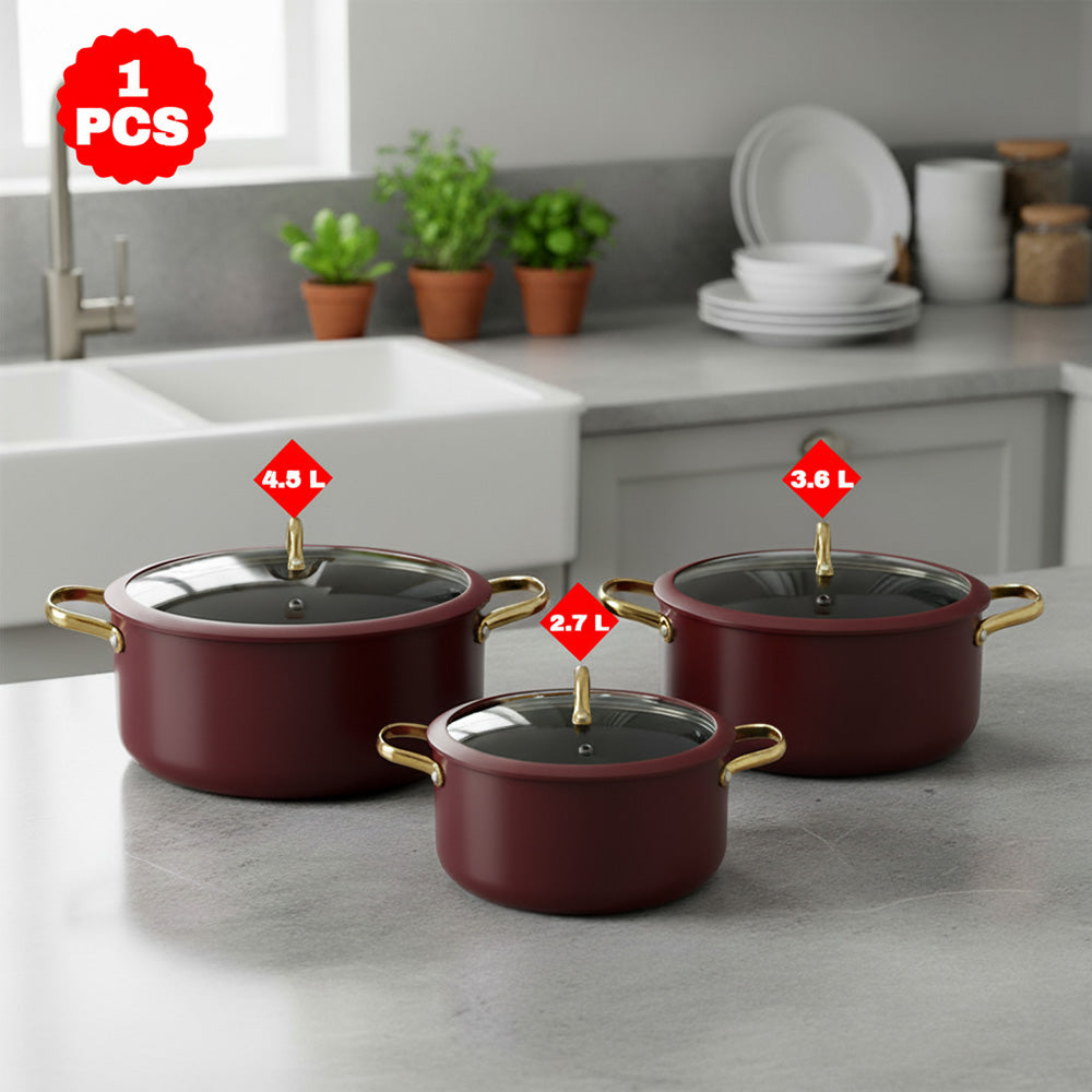 قدر طهي غير لاصق بغطاء زجاجي - 20/22/24 سم، اللون: عنابي وذهبي