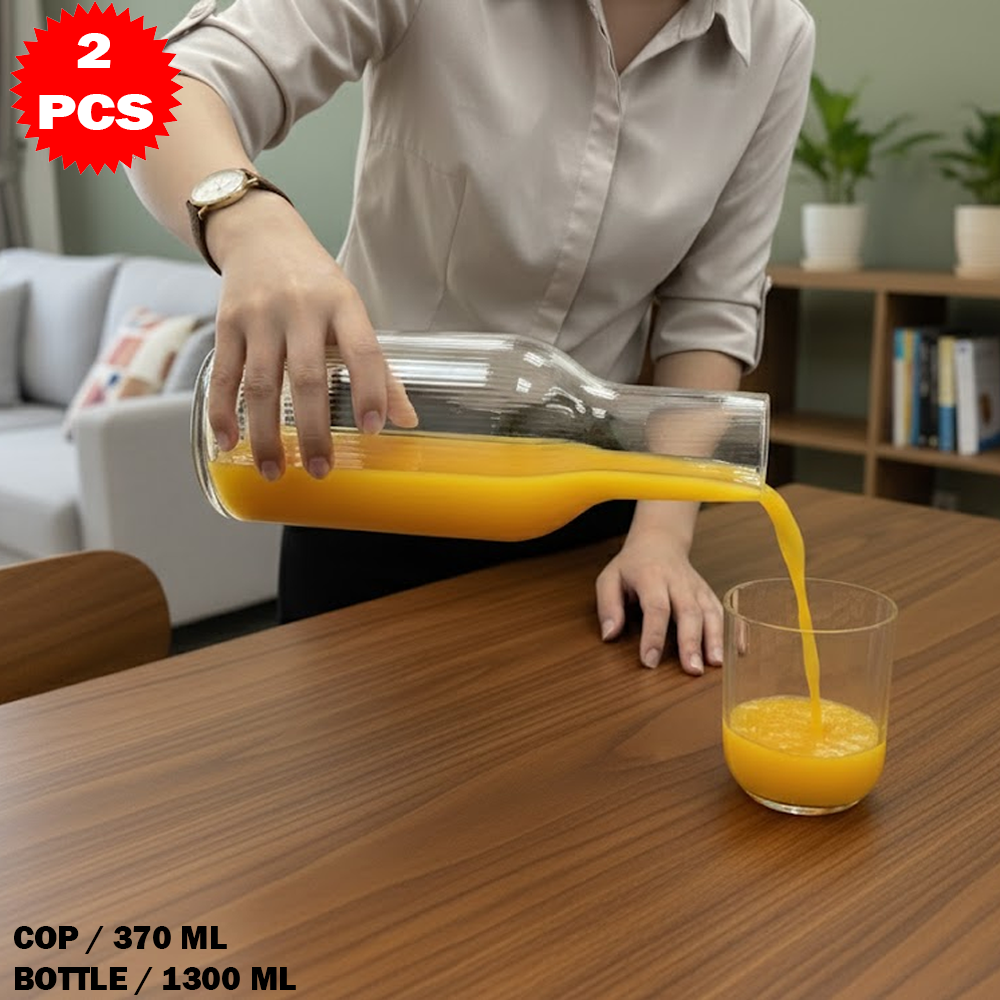 طقم قارورة وكوب زجاجي شفاف من 2 قطعة