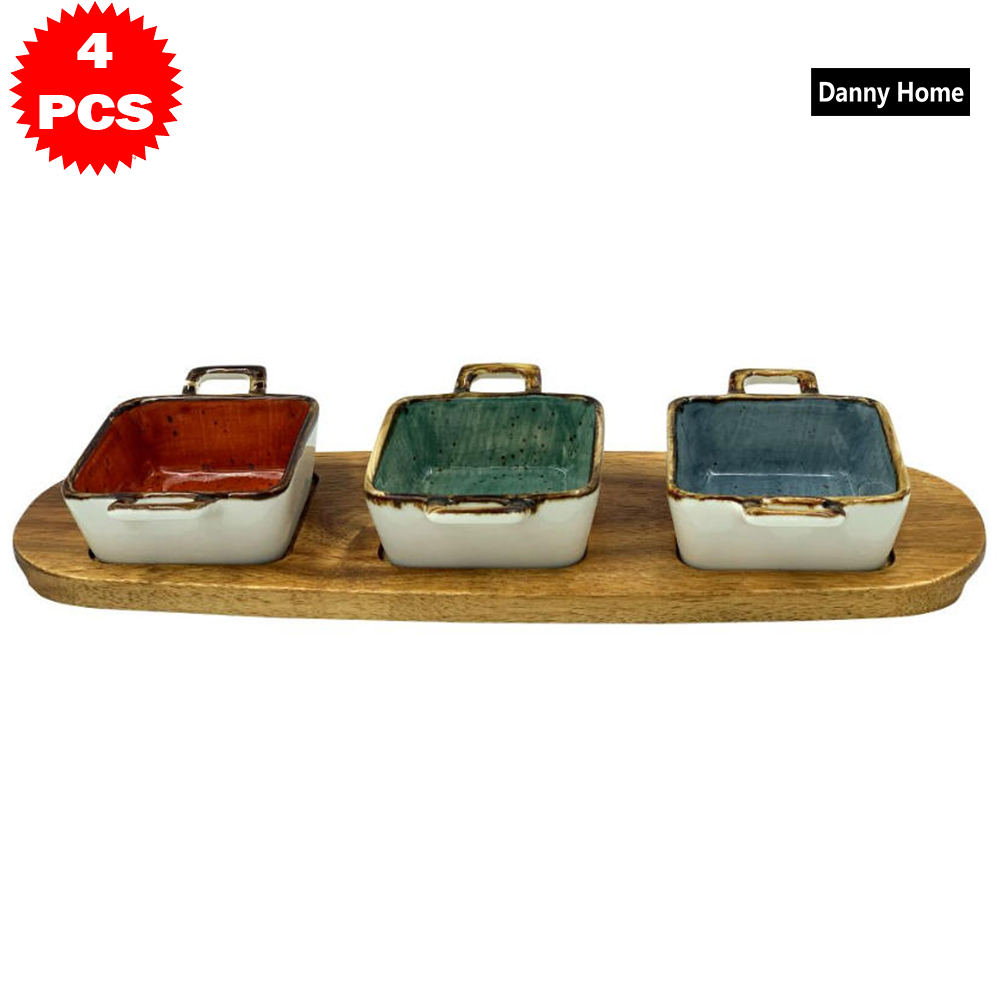 طقم 4 قطع 3 أوعية مع لوح خشب أكاسيا