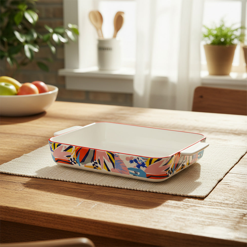 صينية خبز سيراميك مستطيلة - ٣٥ سم (تصميم زهور ملونة)