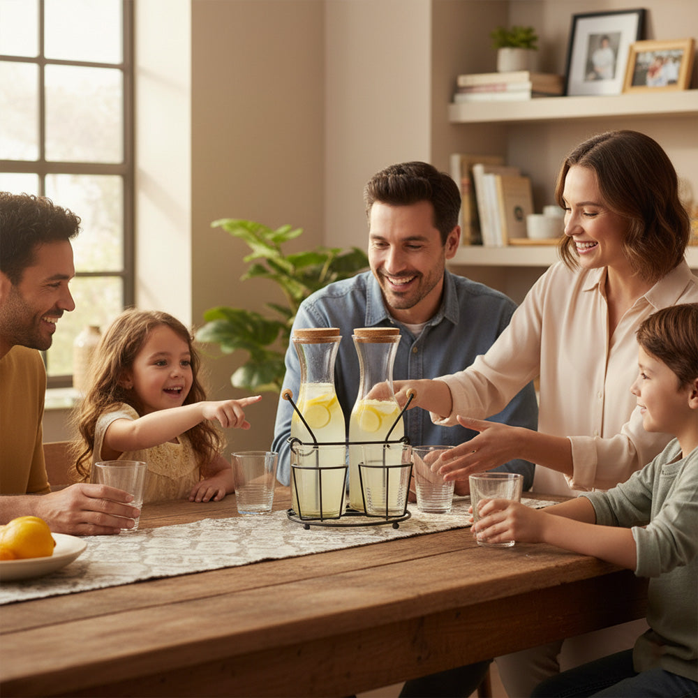 برطمانات عصير زجاجية مع أكواب وأغطية وحامل، 3 قطع