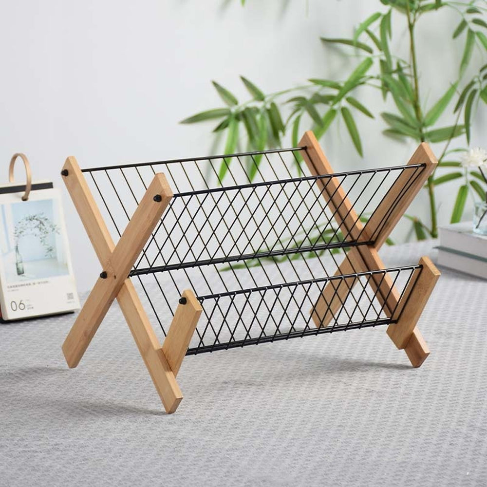 مصفاة أطباق عصرية من الخيزران والفولاذ بطبقتين