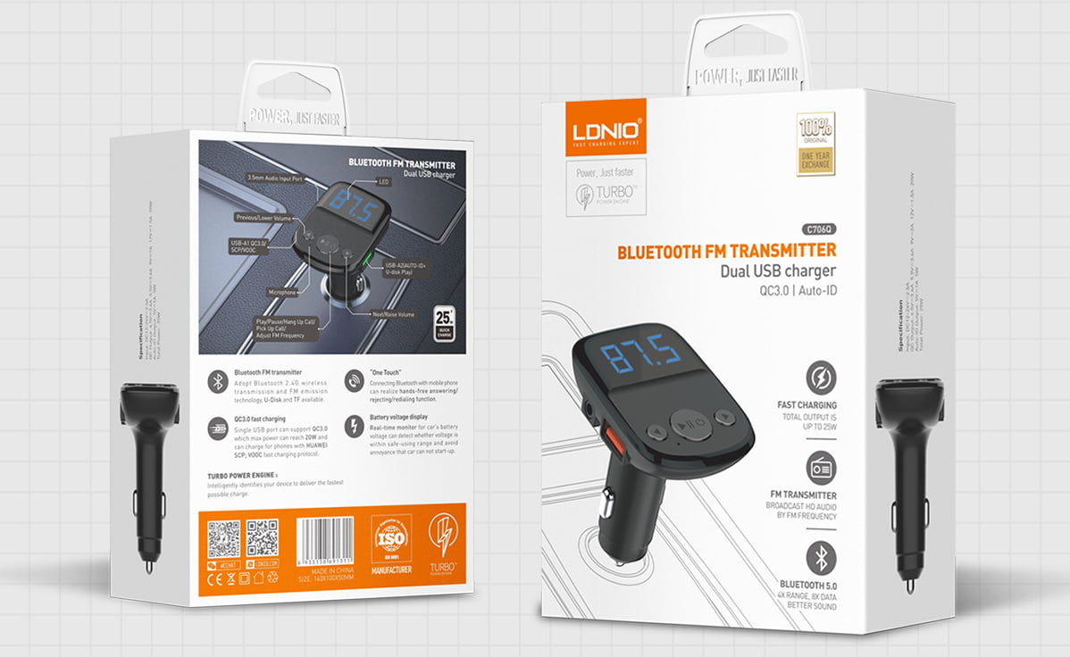 LDNIO C706Q جهاز إرسال FM بلوتوث وشاحن USB مزدوج
