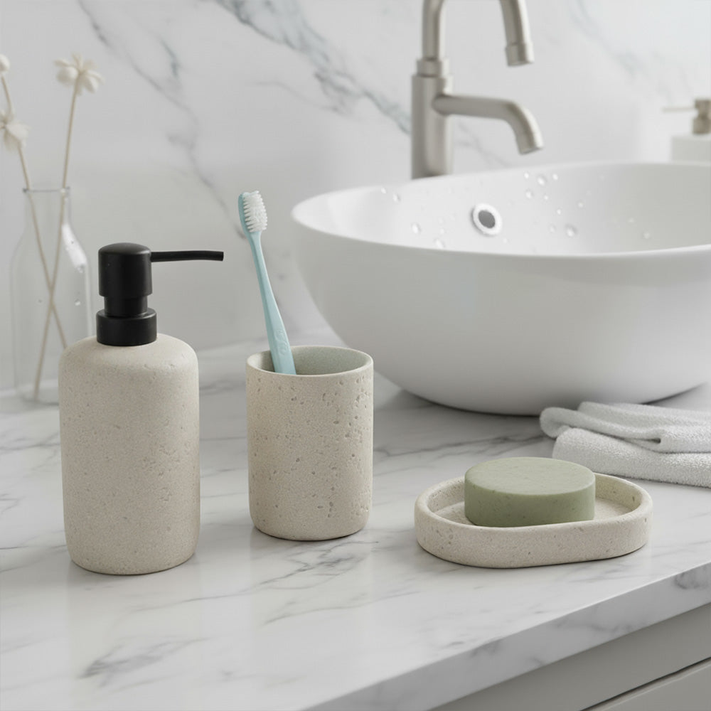 طقم حمام دائري بنقشة حجرية – 3 قطع