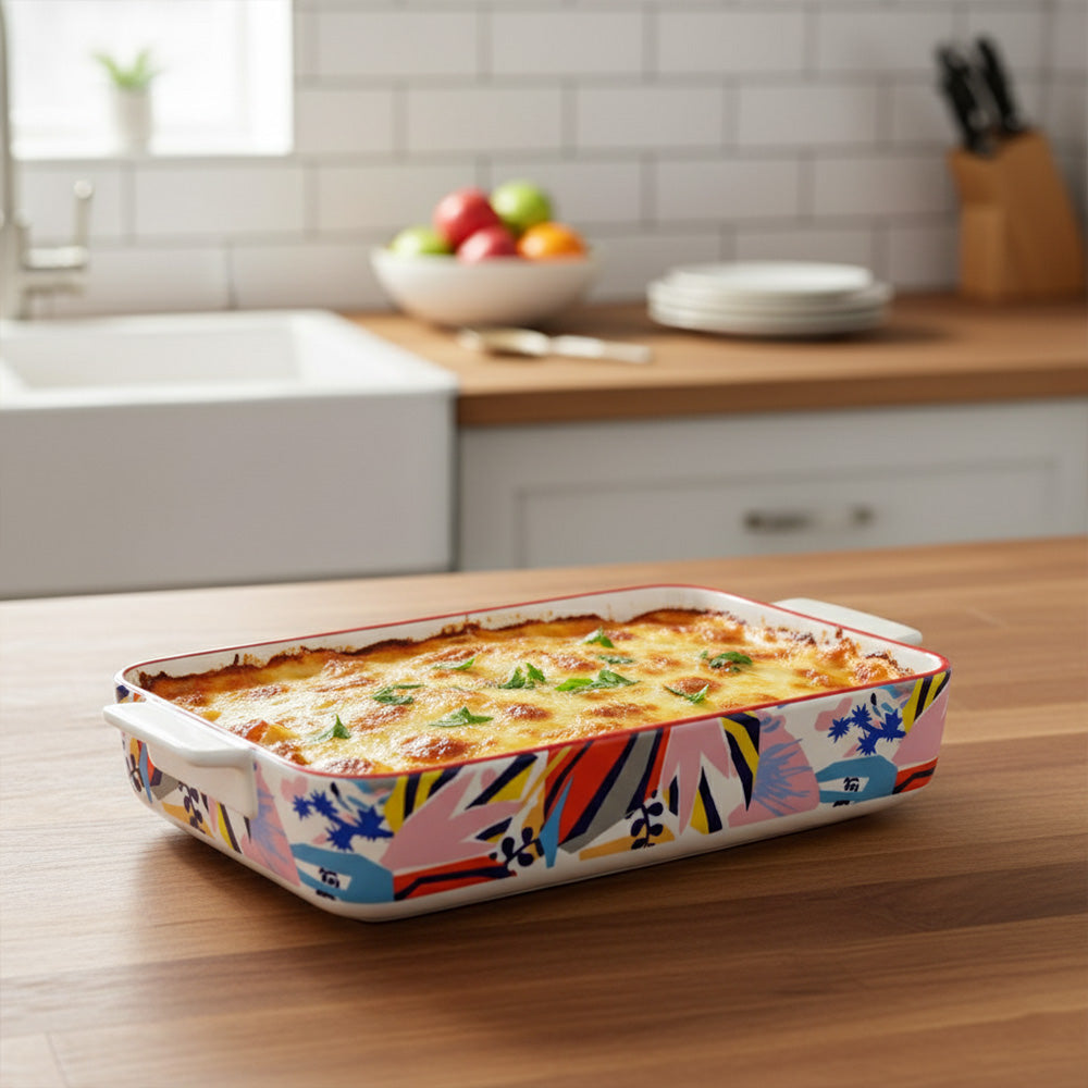 صينية خبز سيراميك مستطيلة - ٣٥ سم (تصميم زهور ملونة)