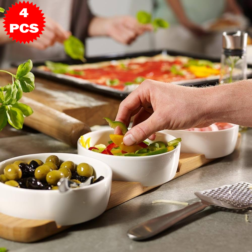 طقم تقديم سيراميك مع قاعدة خشب بامبو – 4 قطع