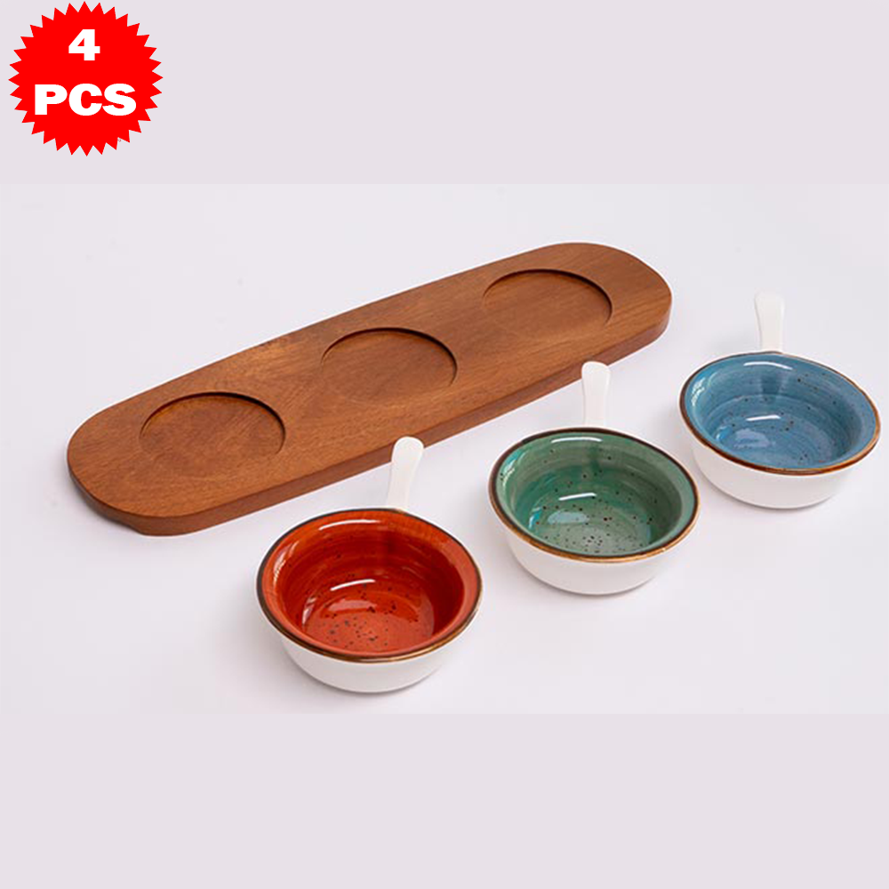 طقم تقديم سيراميك مع قاعدة خشب بامبو – 4 قطع