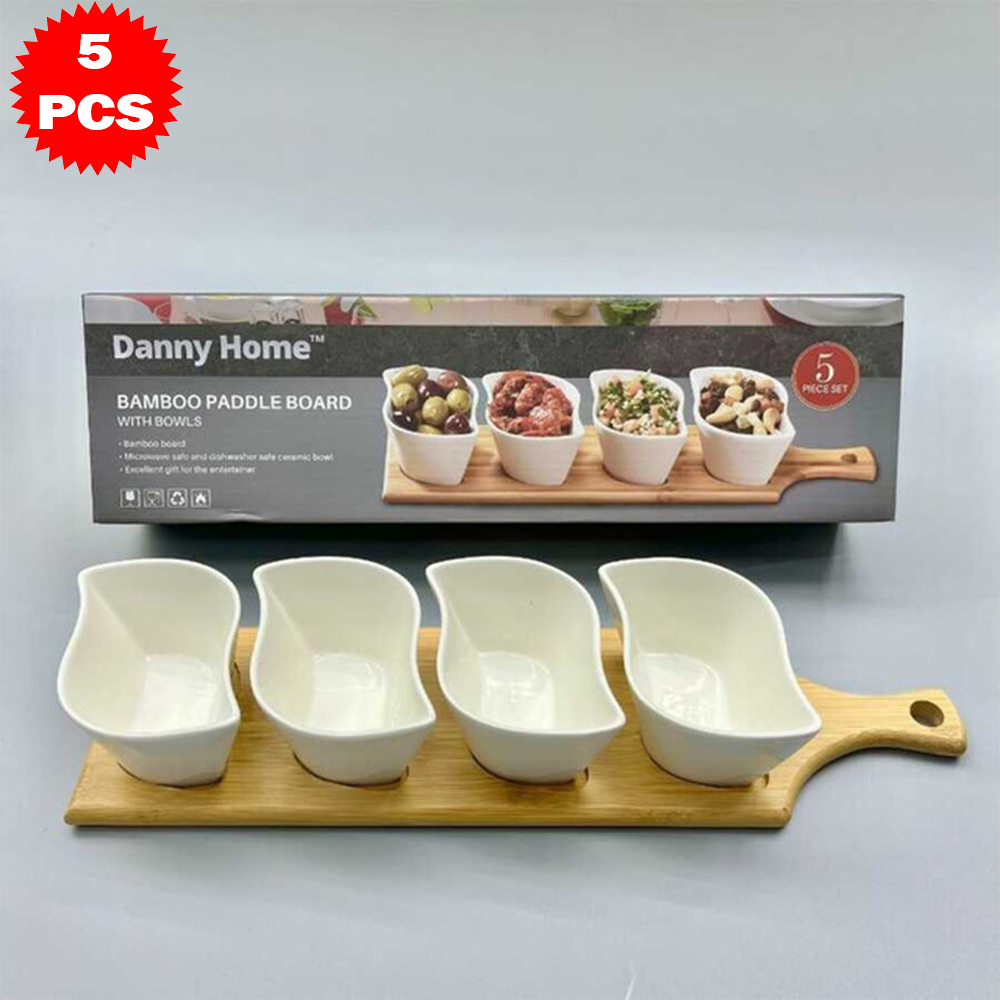 طقم تقديم سيراميك مع قاعدة خشب بامبو – 5 قطع