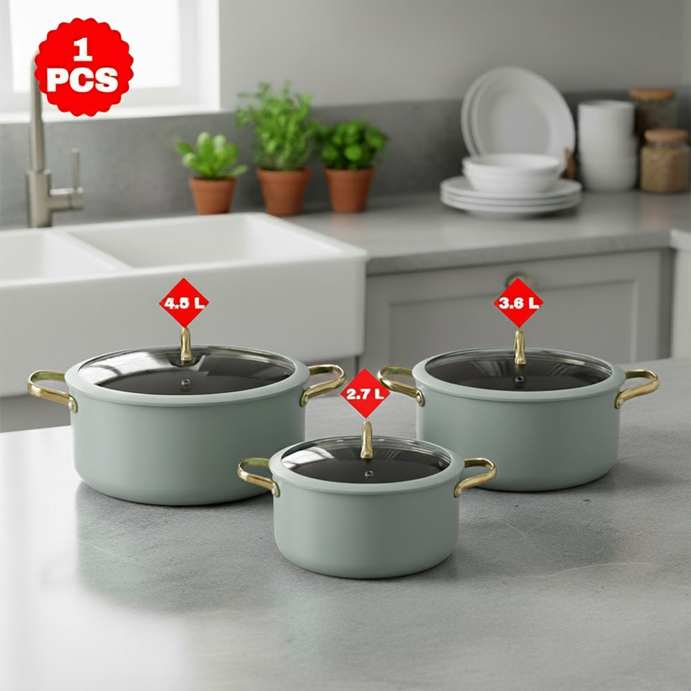 قدر طهي غير لاصق بغطاء زجاجي - 20/22/24 سم، اللون: أزرق فاتح وذهبي