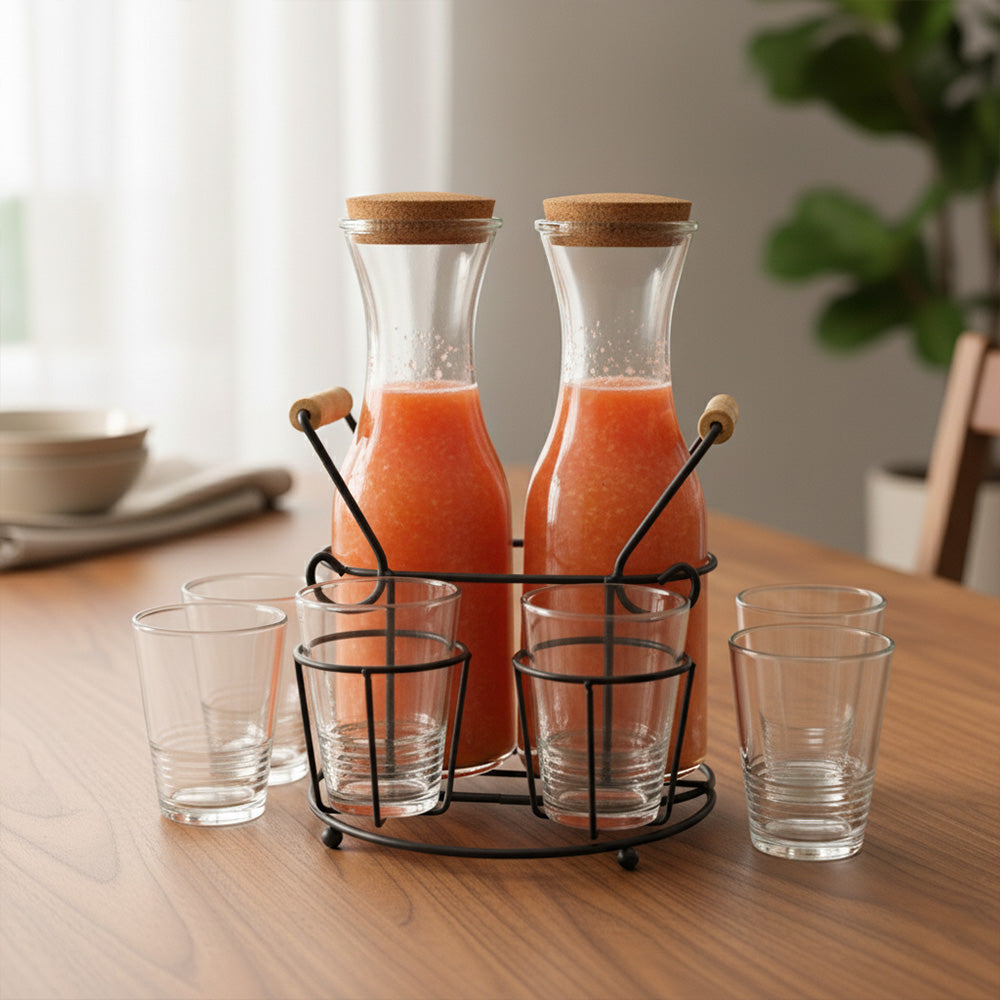 برطمانات عصير زجاجية مع أكواب وأغطية وحامل، 3 قطع