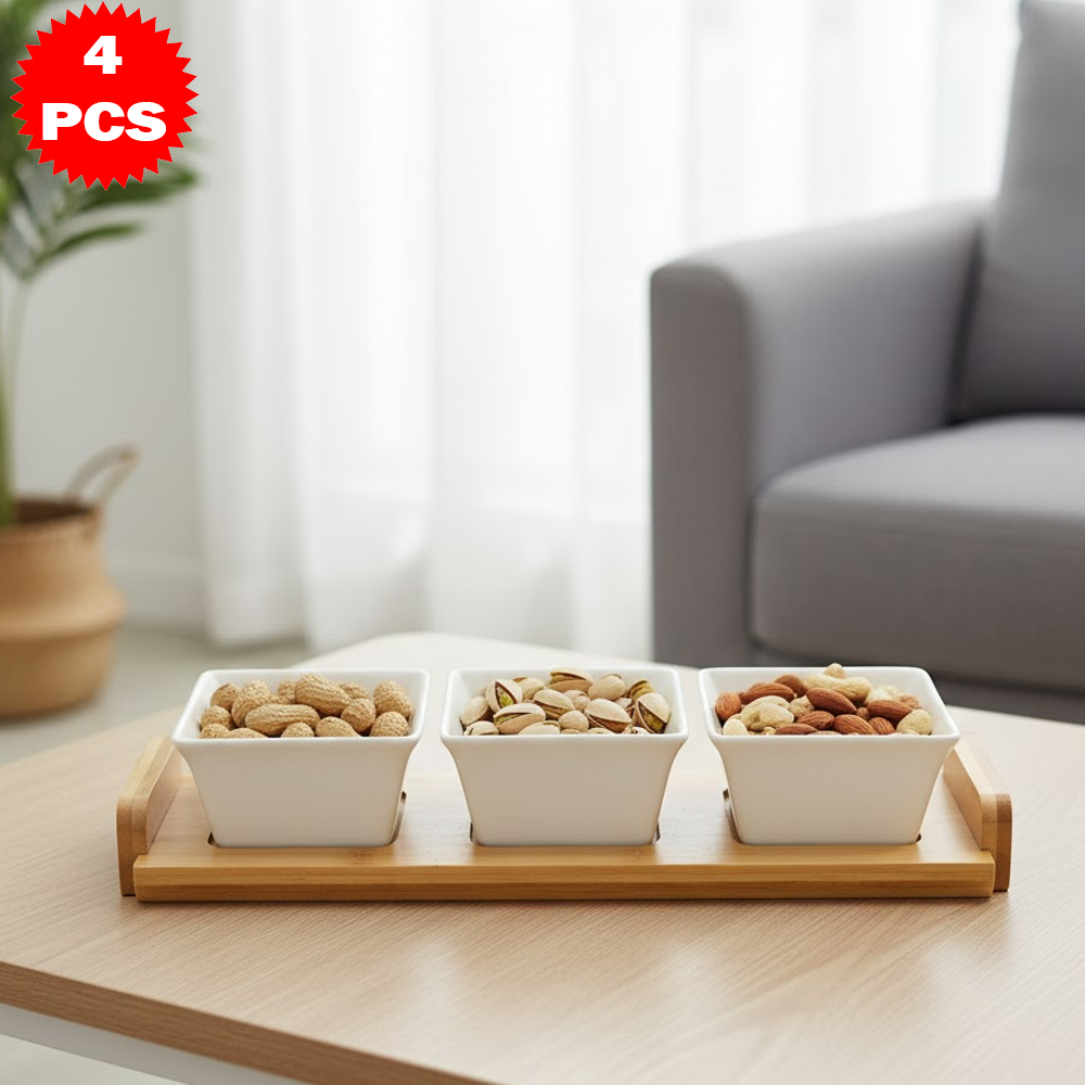 طقم تقديم سيراميك مربع مع قاعدة خشب بامبو – 4 قطع