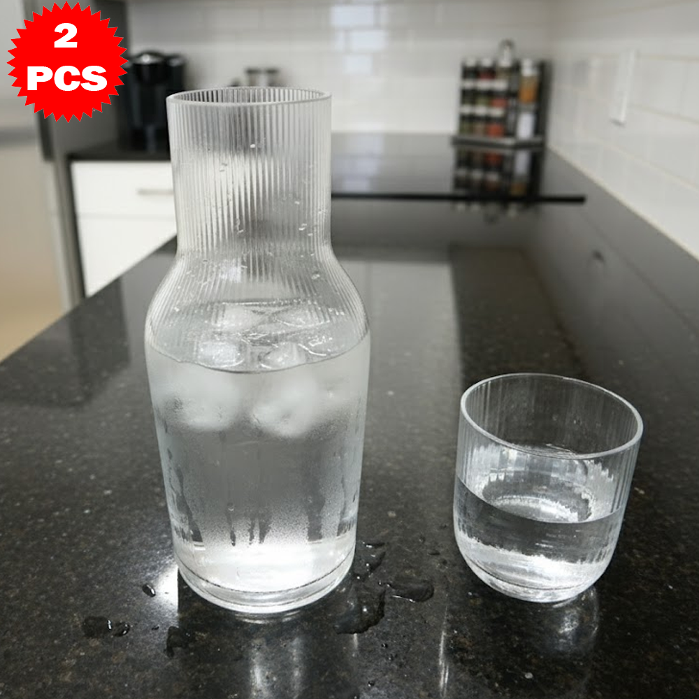 طقم قارورة وكوب زجاجي شفاف من 2 قطعة