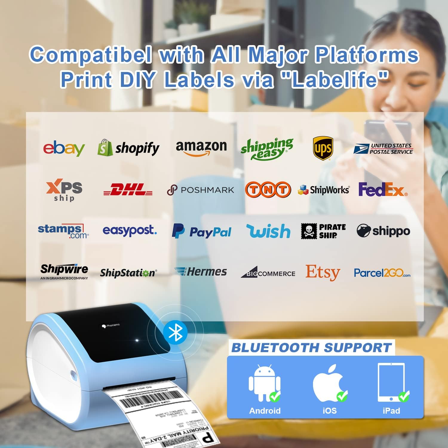 طابعة حرارية لملصقات الشحن Phomemo D520-BT Bluetooth / أزرق