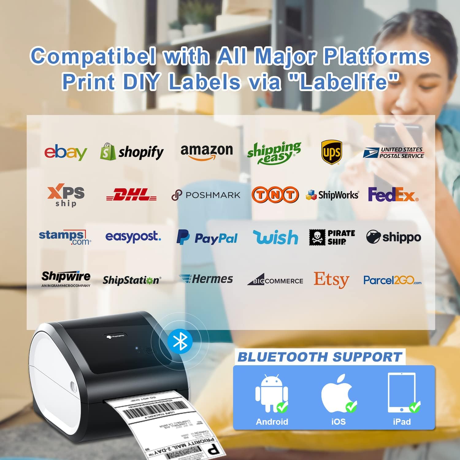 طابعة حرارية لملصقات الشحن Phomemo D520-BT Bluetooth / أسود