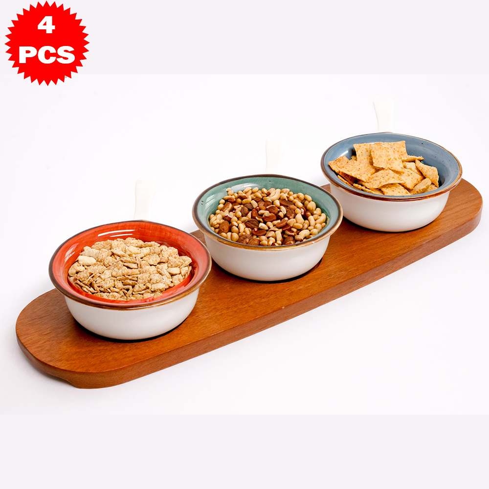 طقم تقديم سيراميك مع قاعدة خشب بامبو – 4 قطع