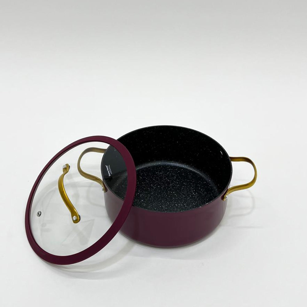 قدر طهي غير لاصق بغطاء زجاجي - 20/22/24 سم، اللون: عنابي وذهبي