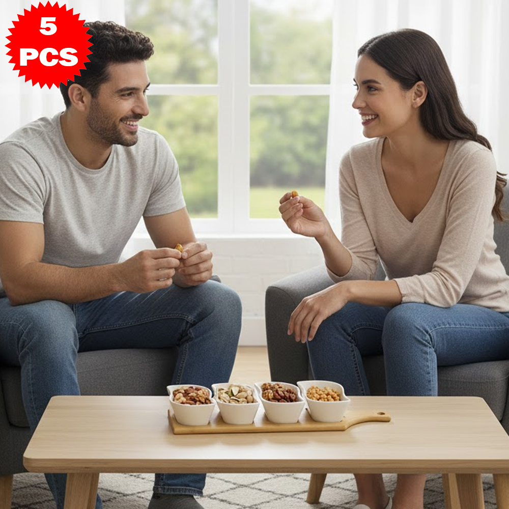 طقم تقديم سيراميك مع قاعدة خشب بامبو – 5 قطع