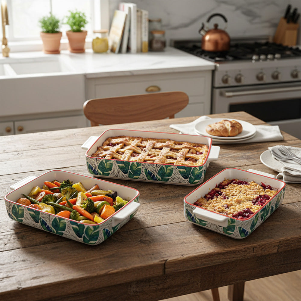 صينية خبز سيراميك مستطيلة - (تصميم بنمط أوراق الشجر)