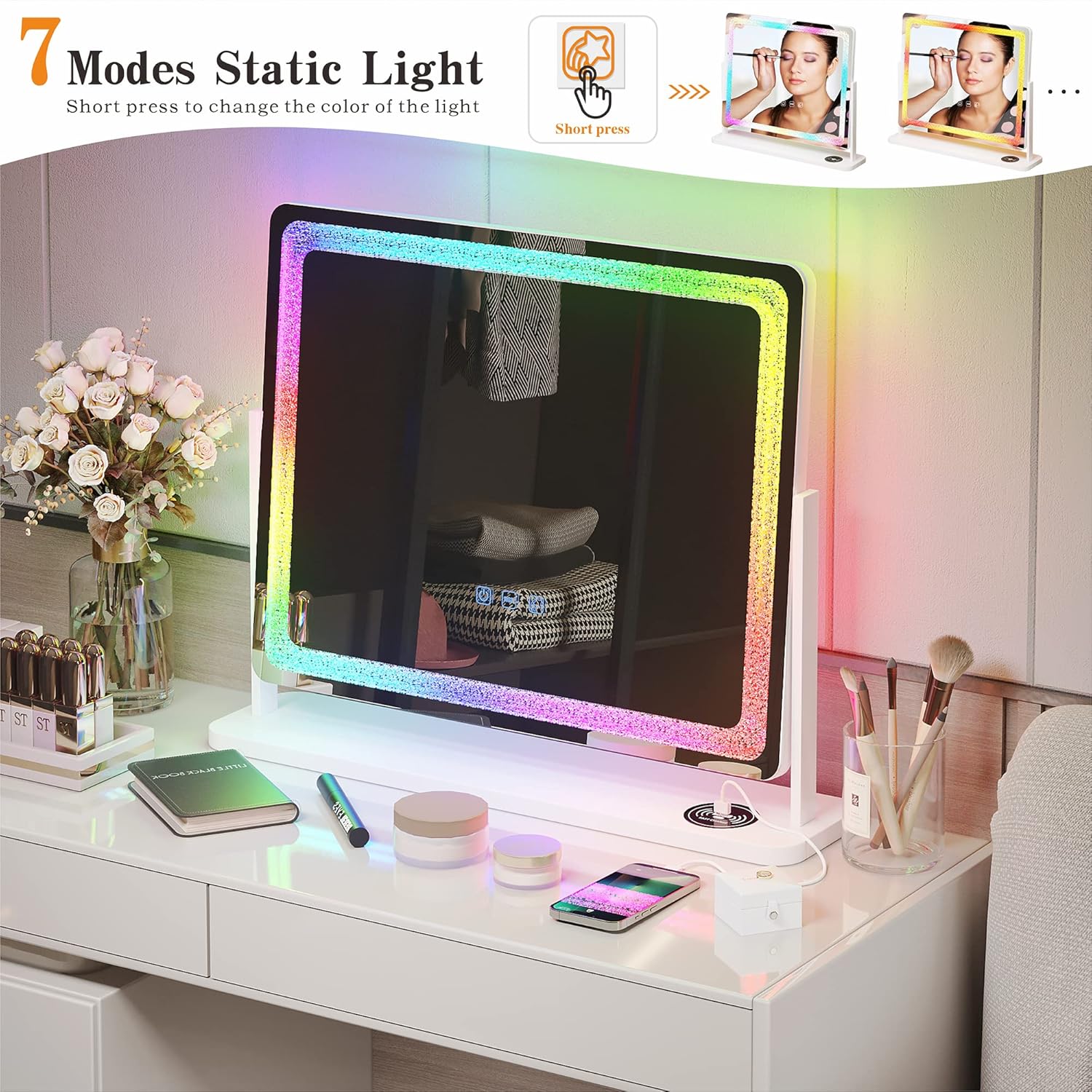 مرآة مكياج LED RGB مع 7 أوضاع قابلة للتعتيم