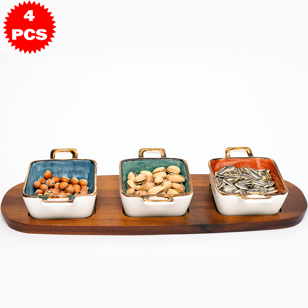 طقم 4 قطع 3 أوعية مع لوح خشب أكاسيا