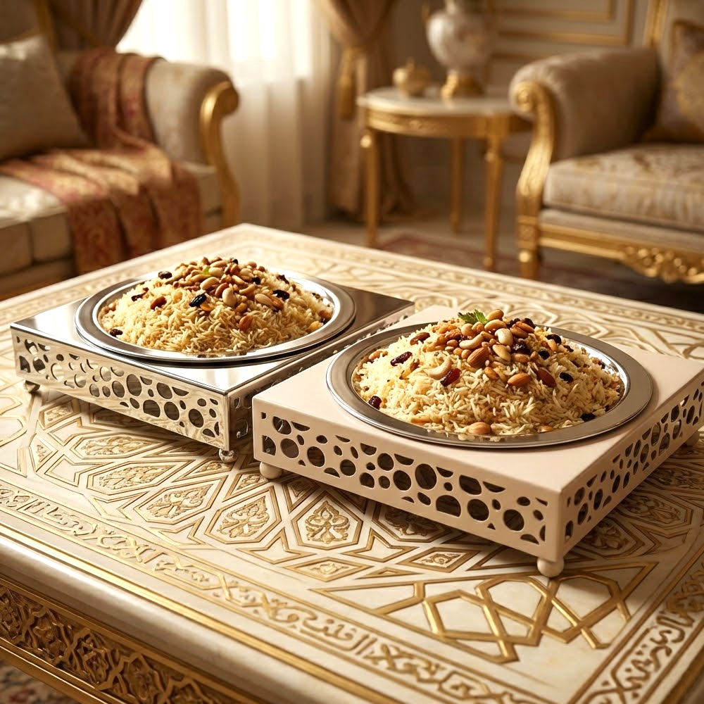 طبق تقديم أرز بقاعدة معدنية