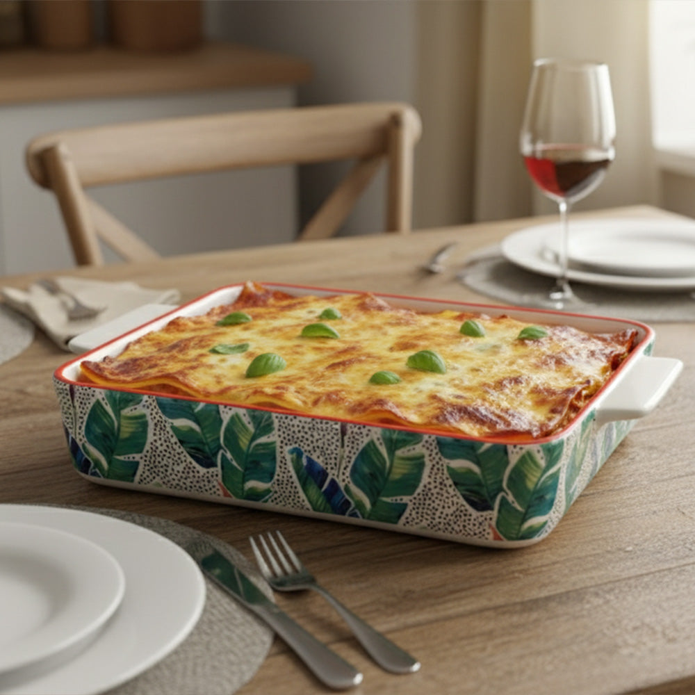 صينية خبز سيراميك مستطيلة - (تصميم بنمط أوراق الشجر)