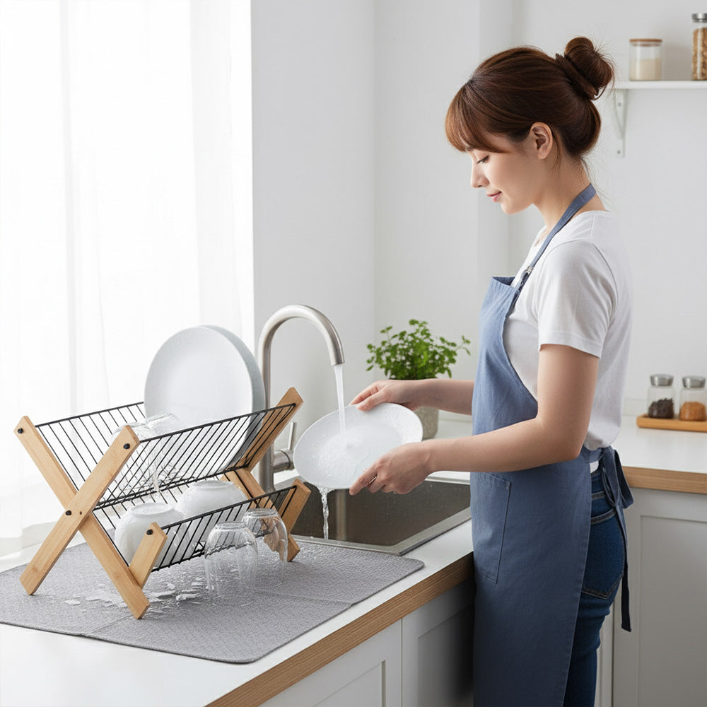 مصفاة أطباق عصرية من الخيزران والفولاذ بطبقتين