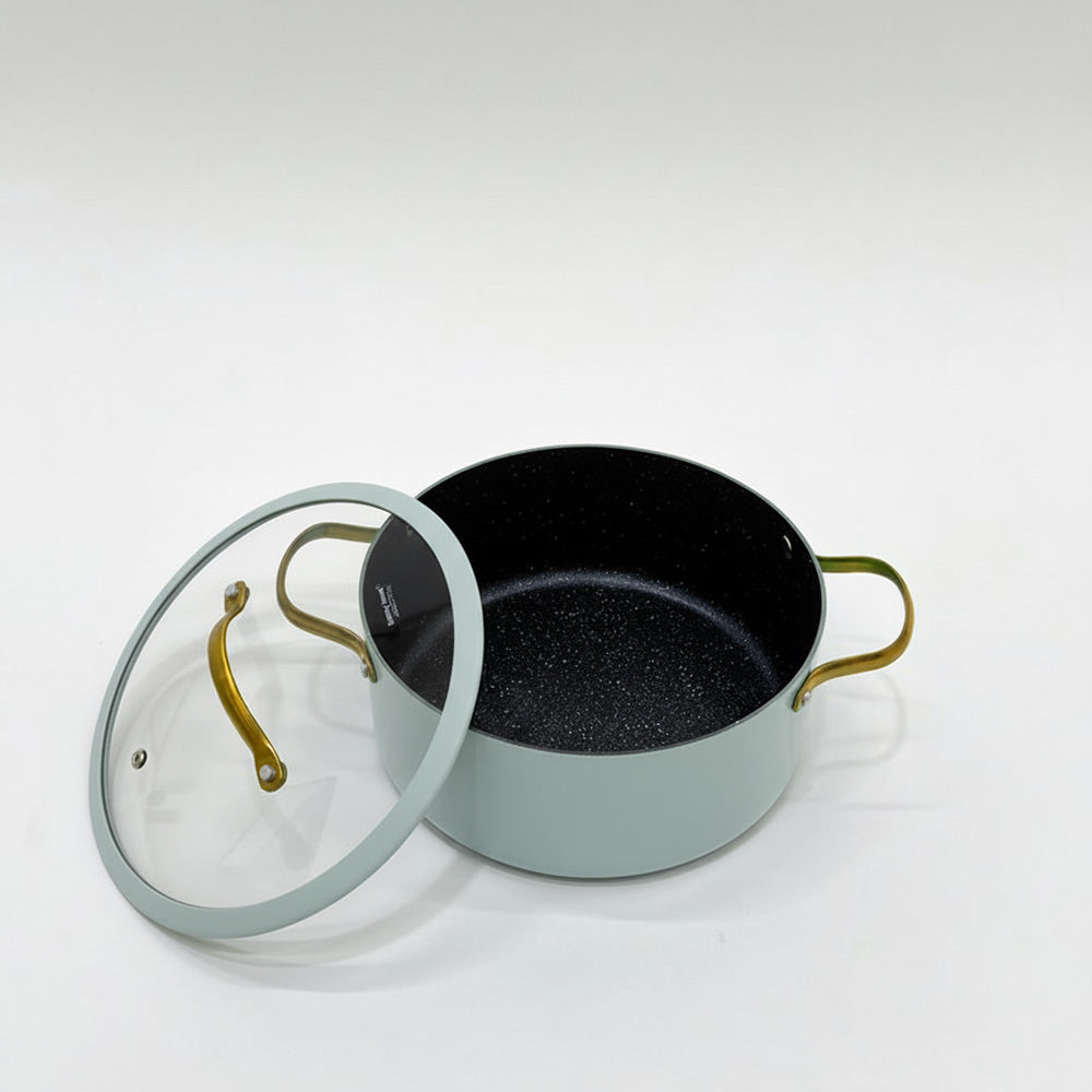 قدر طهي غير لاصق بغطاء زجاجي - 20/22/24 سم، اللون: أزرق فاتح وذهبي